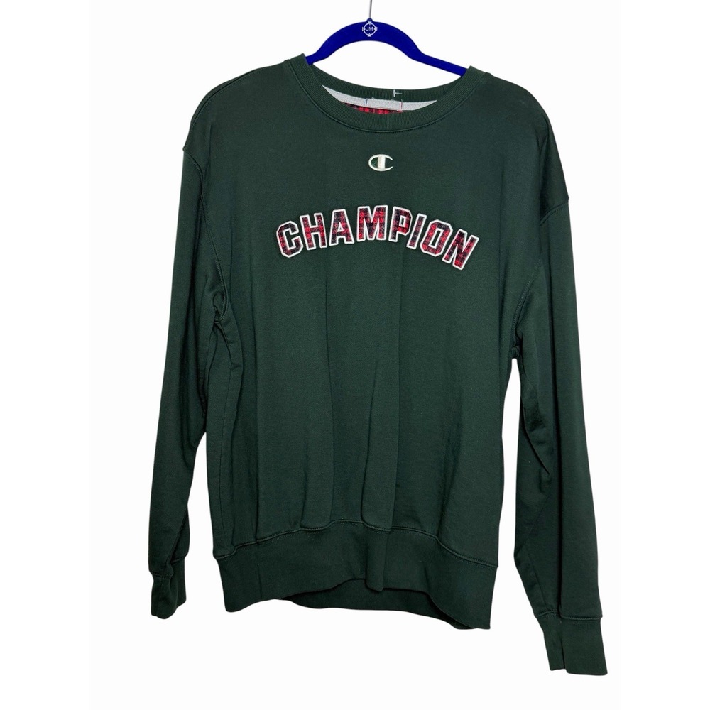Champion Women's Large Green Plaid Logo Crewneck Sweatshirt Fleece Academia